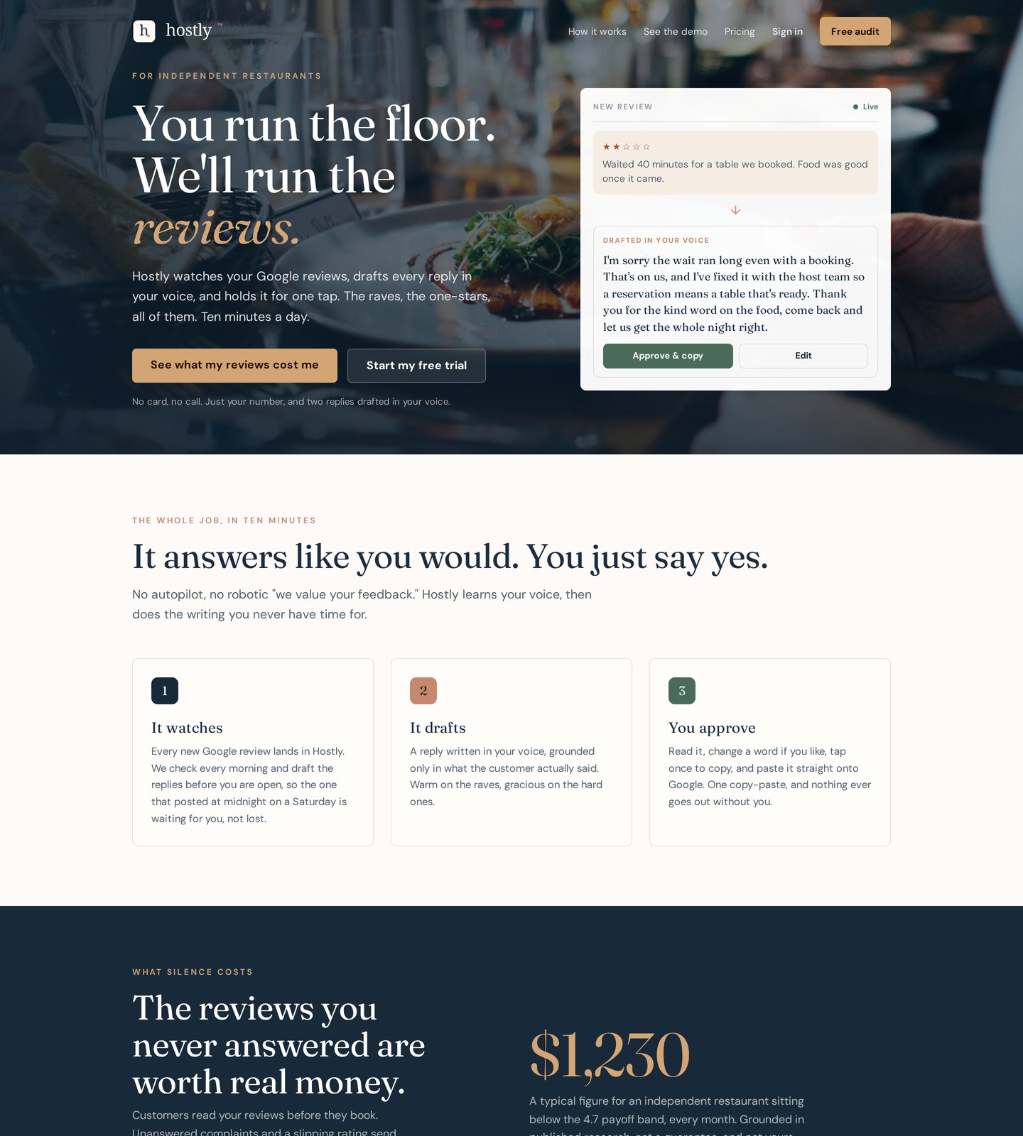 Interior section of the Hostly Reviews website showing the owner-controlled review response workflow