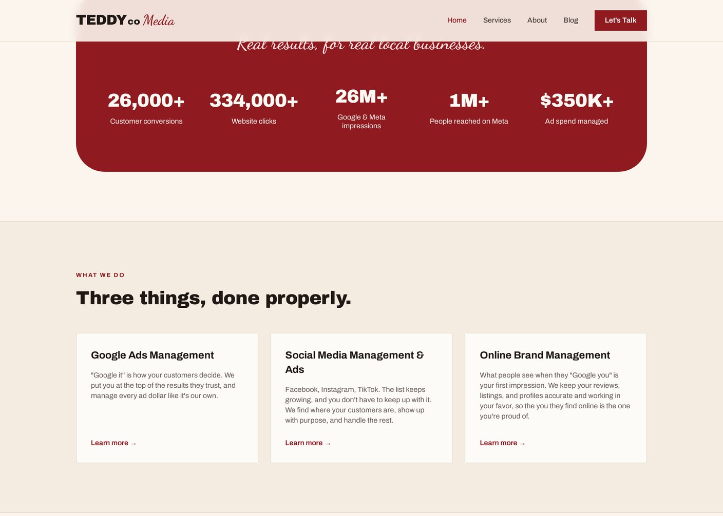 TEDDYco Media results band and the three service cards for Google Ads, social media, and online brand management