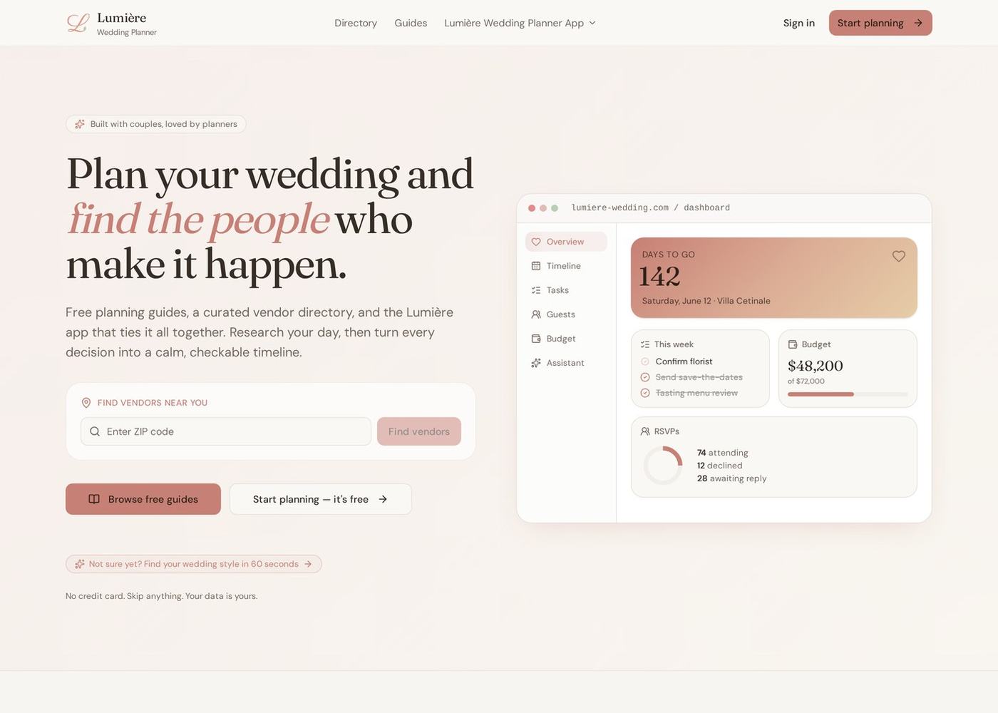 Lumière Wedding Planner website homepage, Consumer product, built in-house
