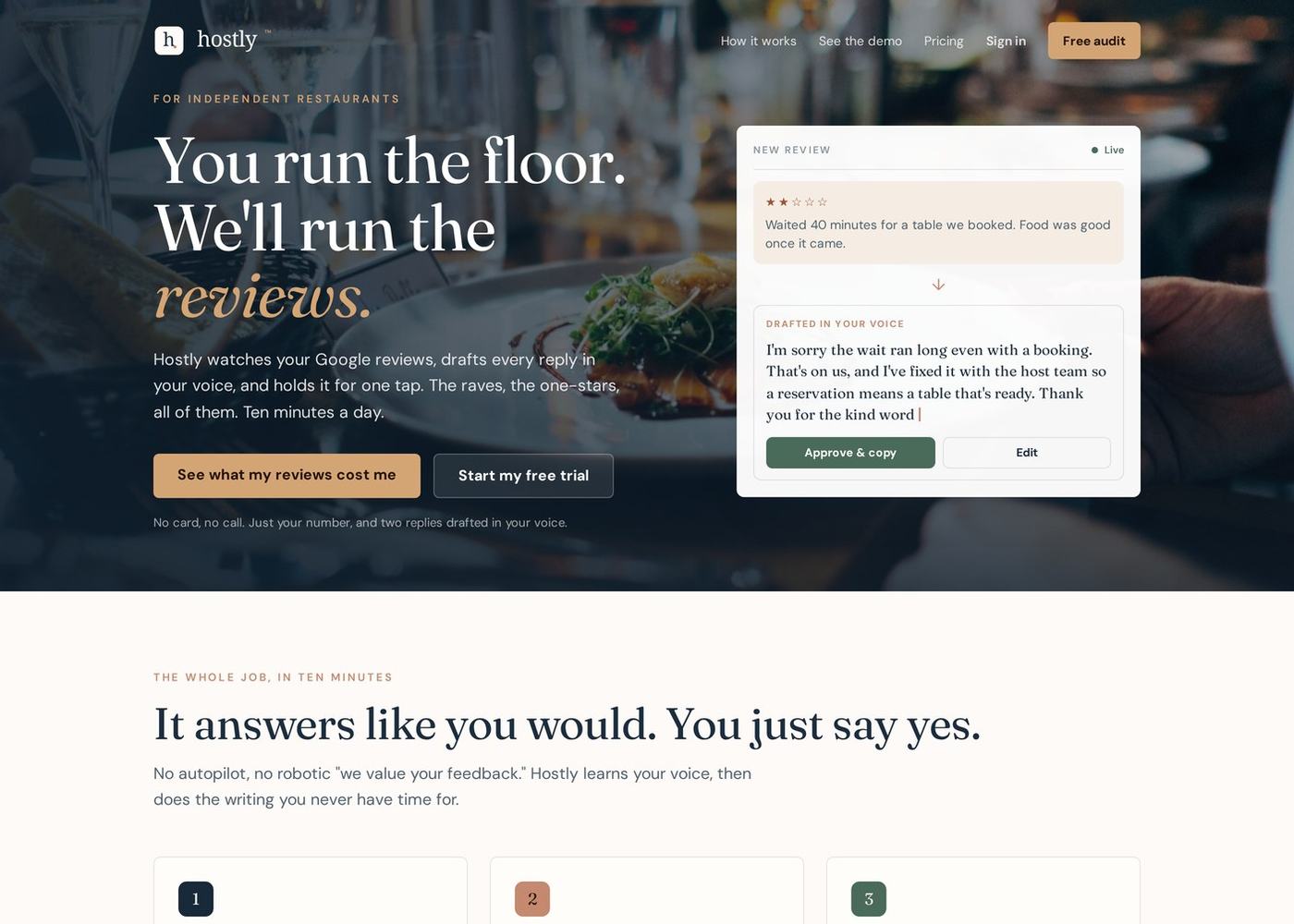Hostly Reviews website homepage, Hospitality software