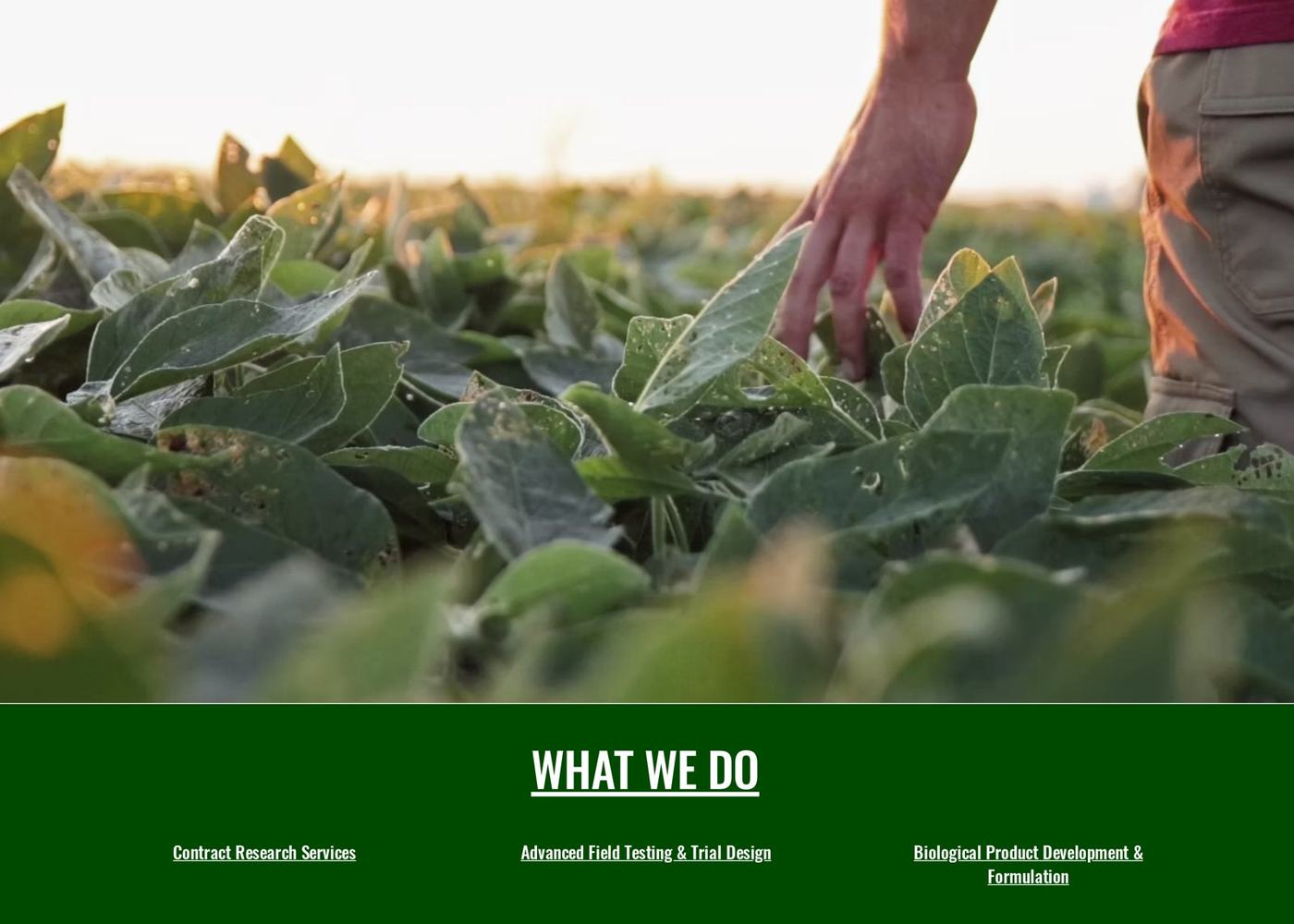 Interior section of the Bio Ag Management website showing product research and results content