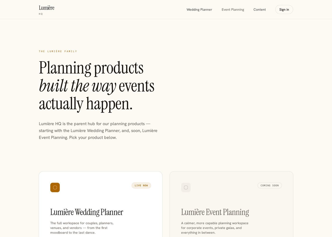 Lumière HQ website homepage, B2B product, built in-house