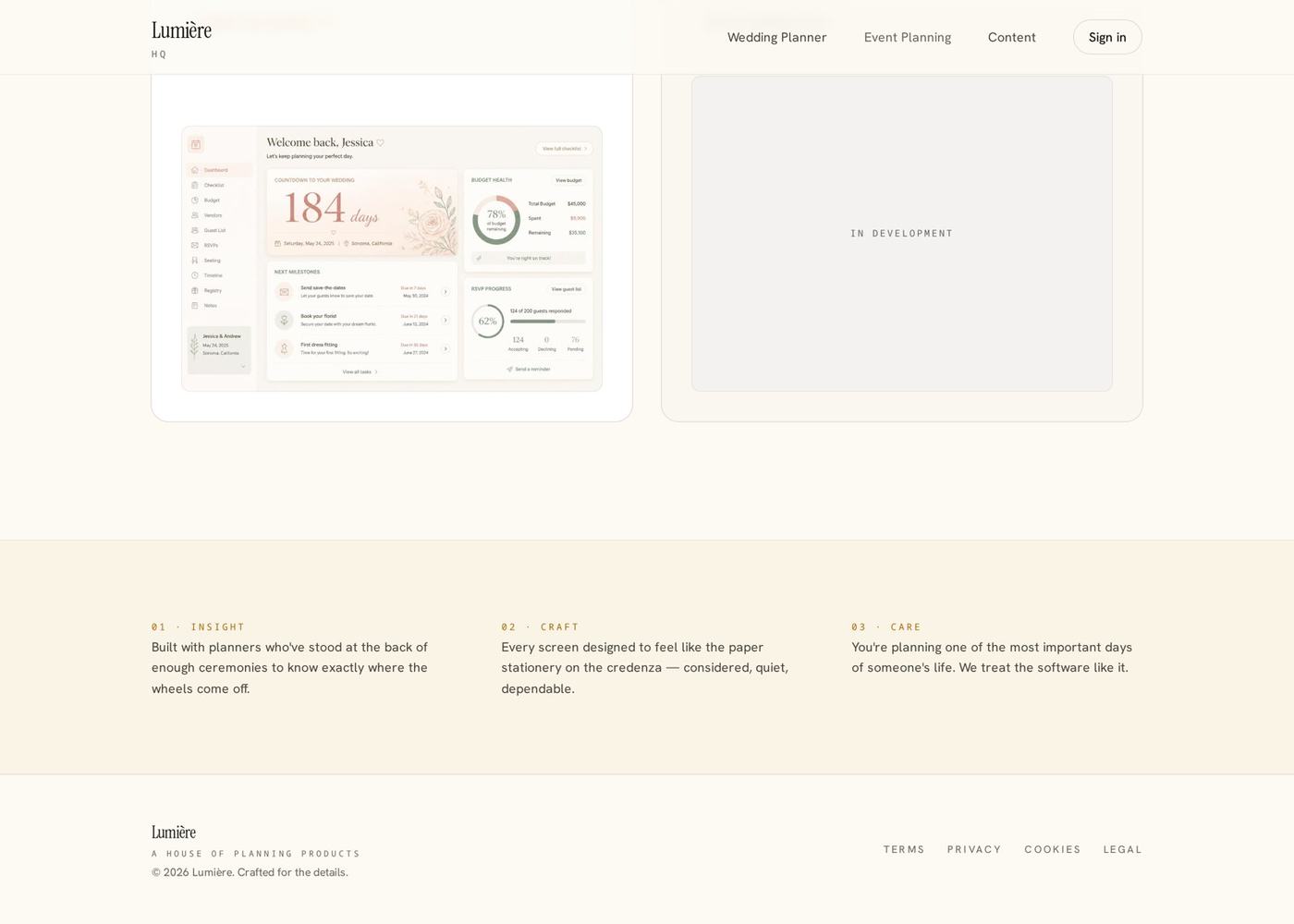 Interior section of the Lumière HQ website showing the product portfolio and brand philosophy