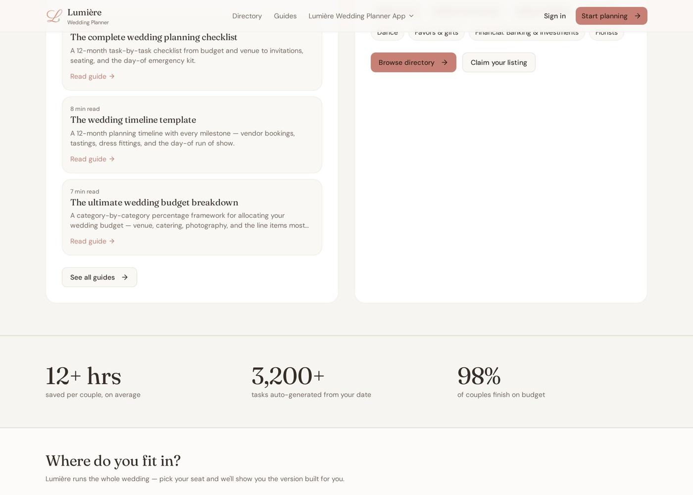 Interior section of the Lumière Wedding Planner website showing planning guides, vendor directory, and product outcomes